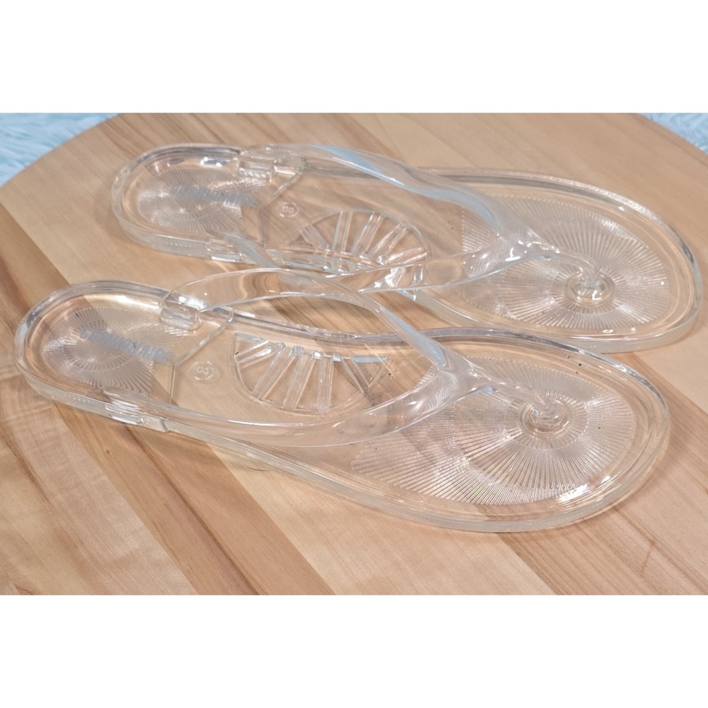 CUSHIONAIRE Women's Clear Thong Slip On Flat Sandals Solid Plastic Logo Size 8
